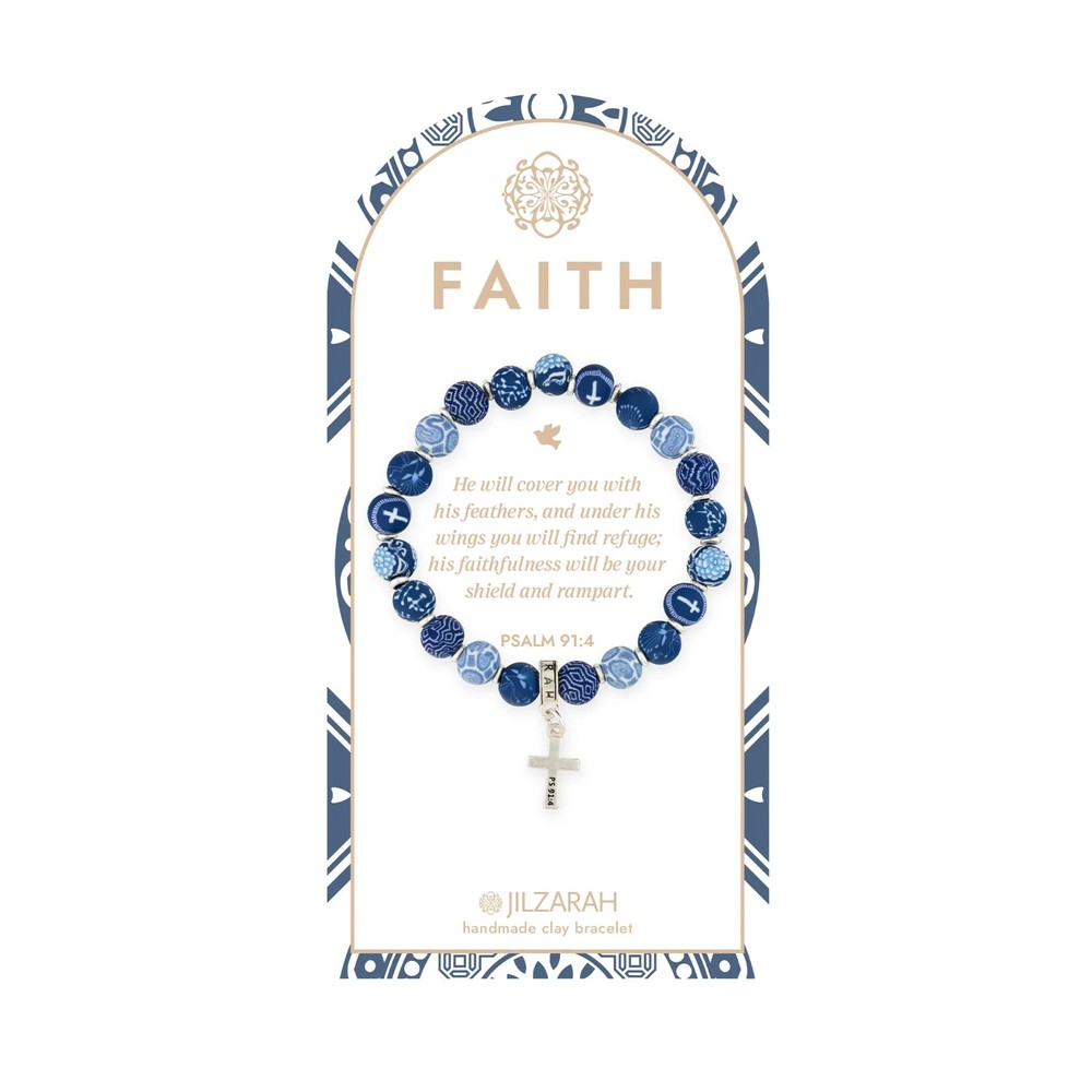 Jilzarah Faith Navy Blue White Cross Charm 8mm Clay Bead Bracelet