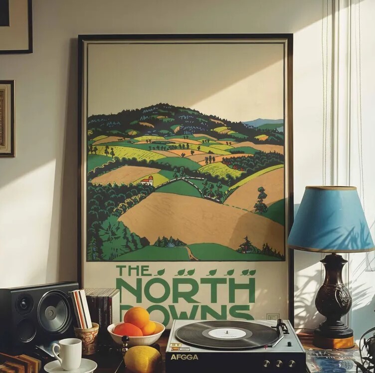 The North Downs Vintage Landscape Art Print – Retro Green Fields Poster – Classic Countryside Wall Art