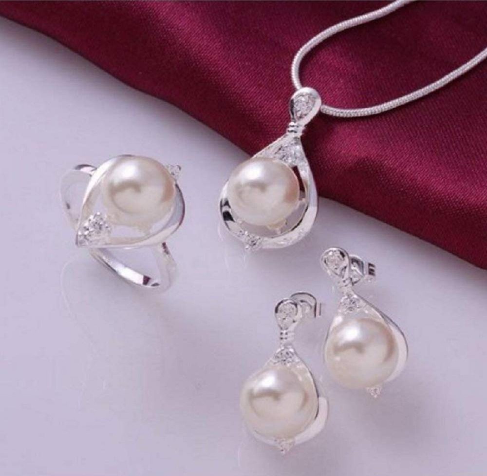 Lzz Fashion ladies 925 sterling silver jewelry set crystal and simulation pea...