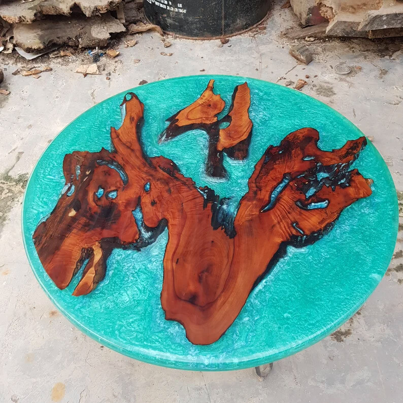 Mesa de resina azul, mesa epoxi hágalo usted mismo, mesa de madera natural, mesa de centro redonda