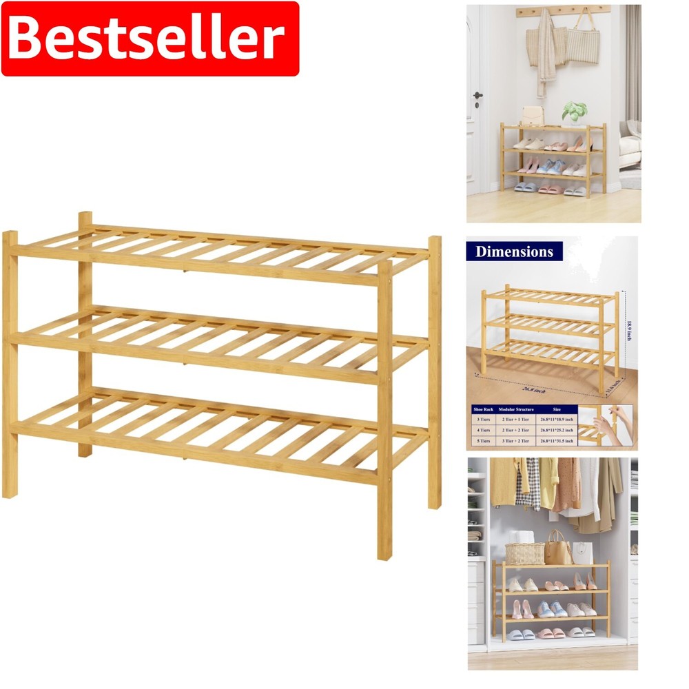 Compact 3-Tier Bamboo Shoe Organizer - Stylish Storage for Entryways & Closets