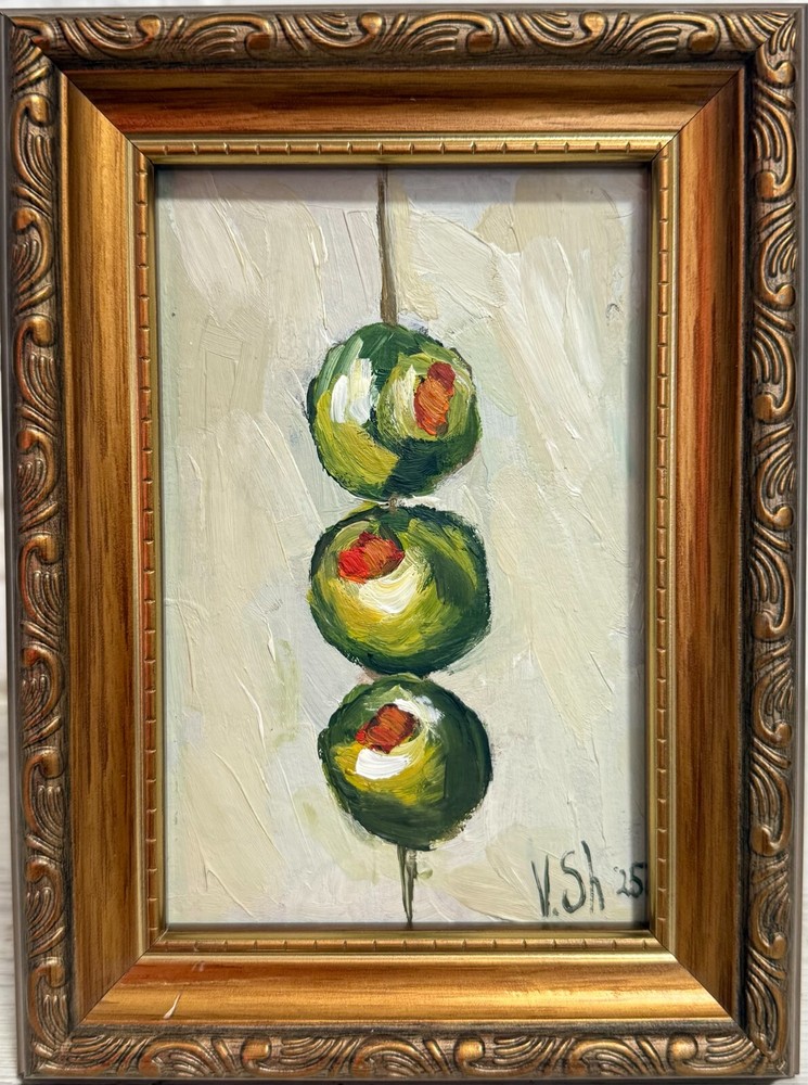 Original Oil Painting Three Olives Impressionism Signed Food Kitchen Framed Art