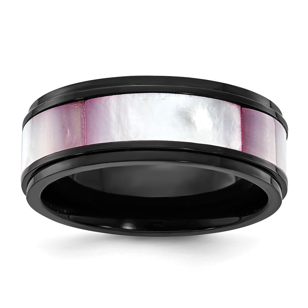 Titanium Black IP-plated Pink Mother of Pearl Inlay 8mm Band Ring Size 8