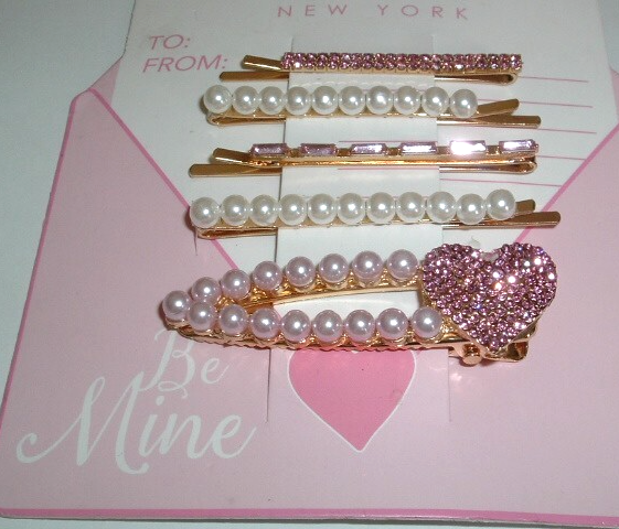 Nicole Miller NY Pink Rhinestone White Pearl Hair Pins Barrette Clip Set NWT