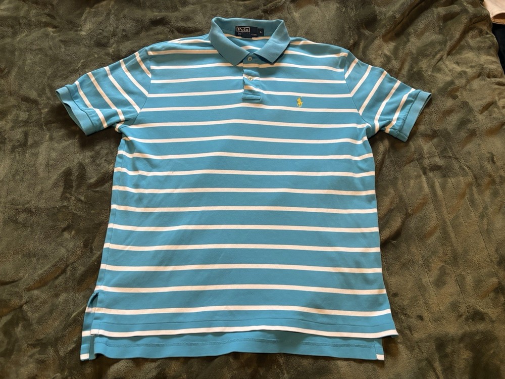 Polo Ralph Lauren Shirt Mens Large Blue White Striped Collared Short Sleeve