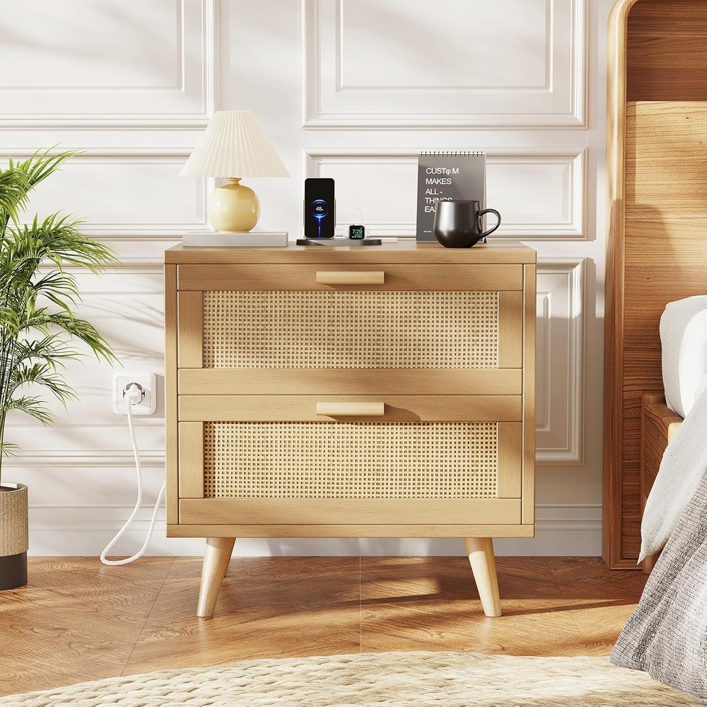 Rovaurx Natural Rattan Nightstand with 2 Drawers Small Bedside Table