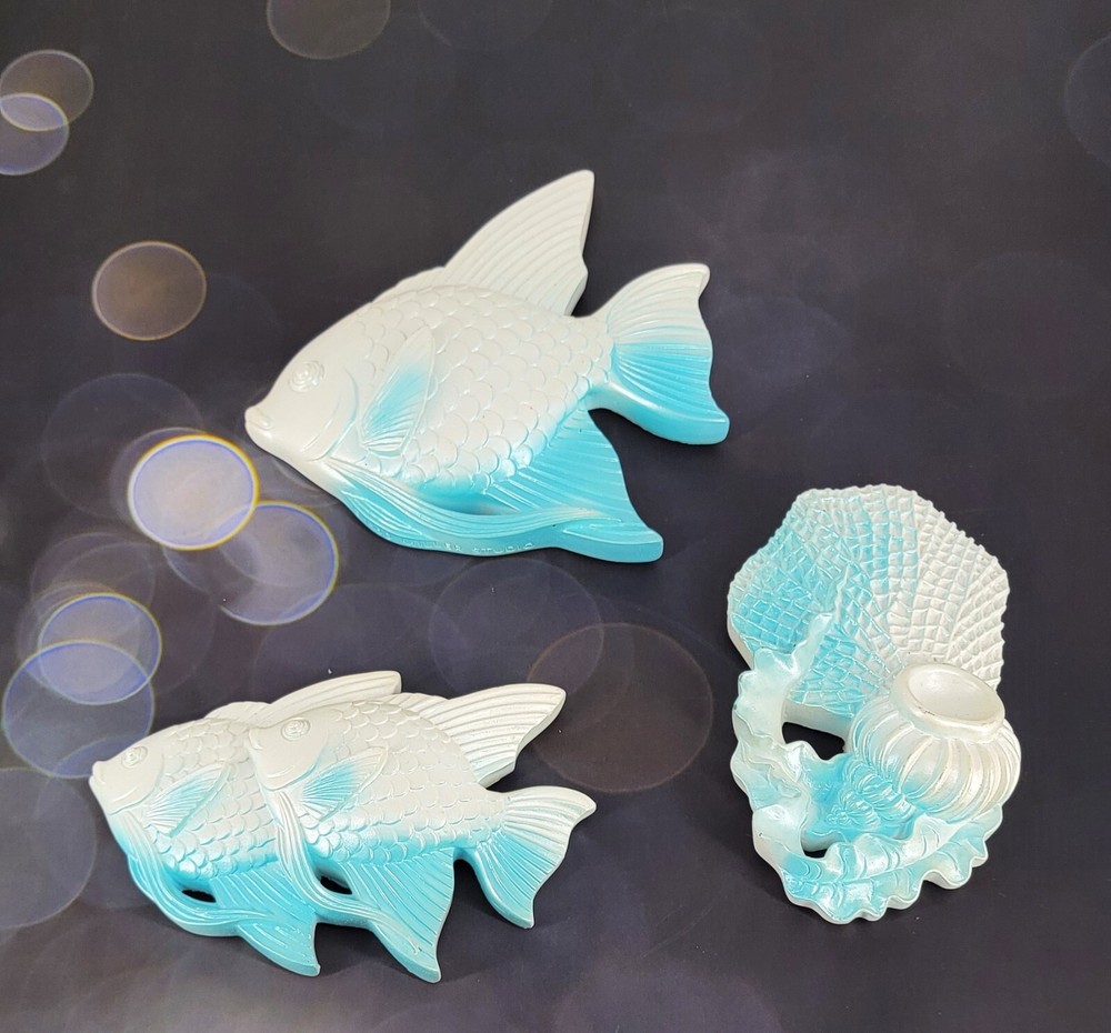 Three 1990 Miller Studio Chalk Angel Fish Coral Seashell Algae Wall Plaques Blue