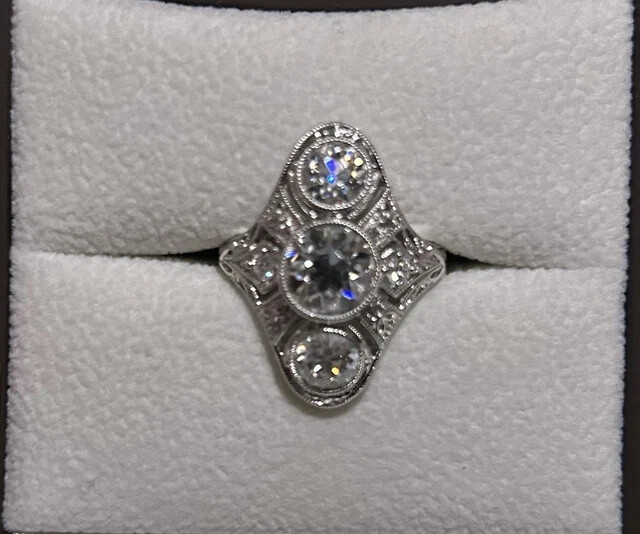 2Ct Round Cut Real Moissanite Art Deco Style Wedding Ring 14k White Gold Plated