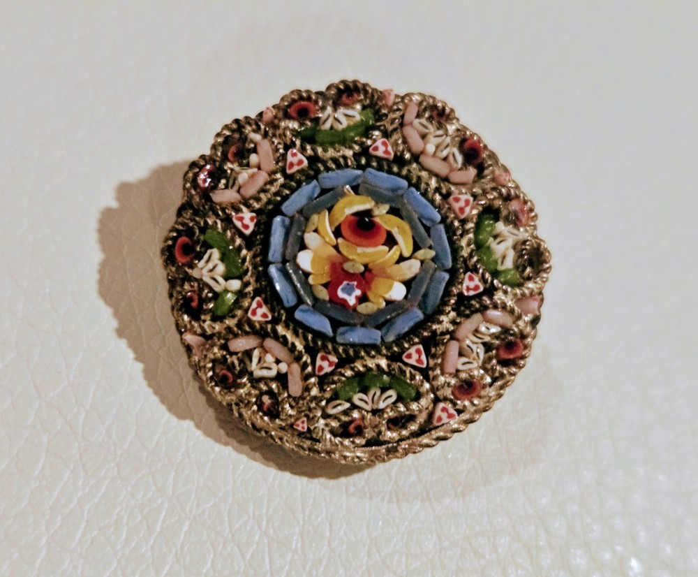 Beautiful Antique Italian Micro Mosaic Floral Pin / Brooch Made Italy Vintage