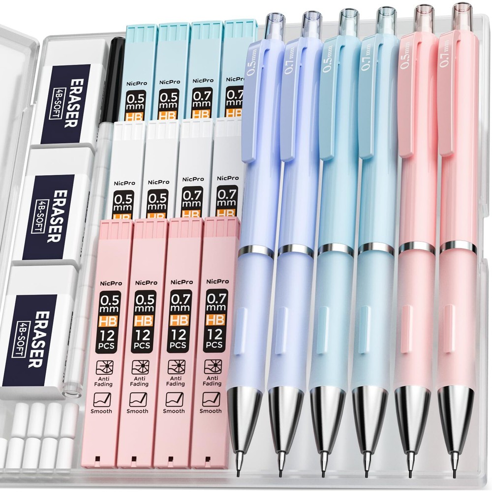 Nicpro 6PCS Pastel Mechanical Pencil Set 0.5 & 0.7 mm with 12 tubes HB Lead R...
