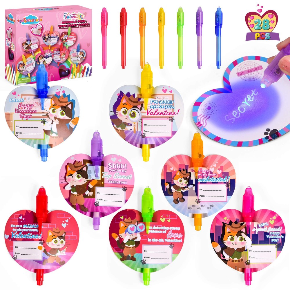 Valentines Day Gift Cards For Kids - 28Pcs Upgraded Invisible Ink Pens, 28Pcs...-image