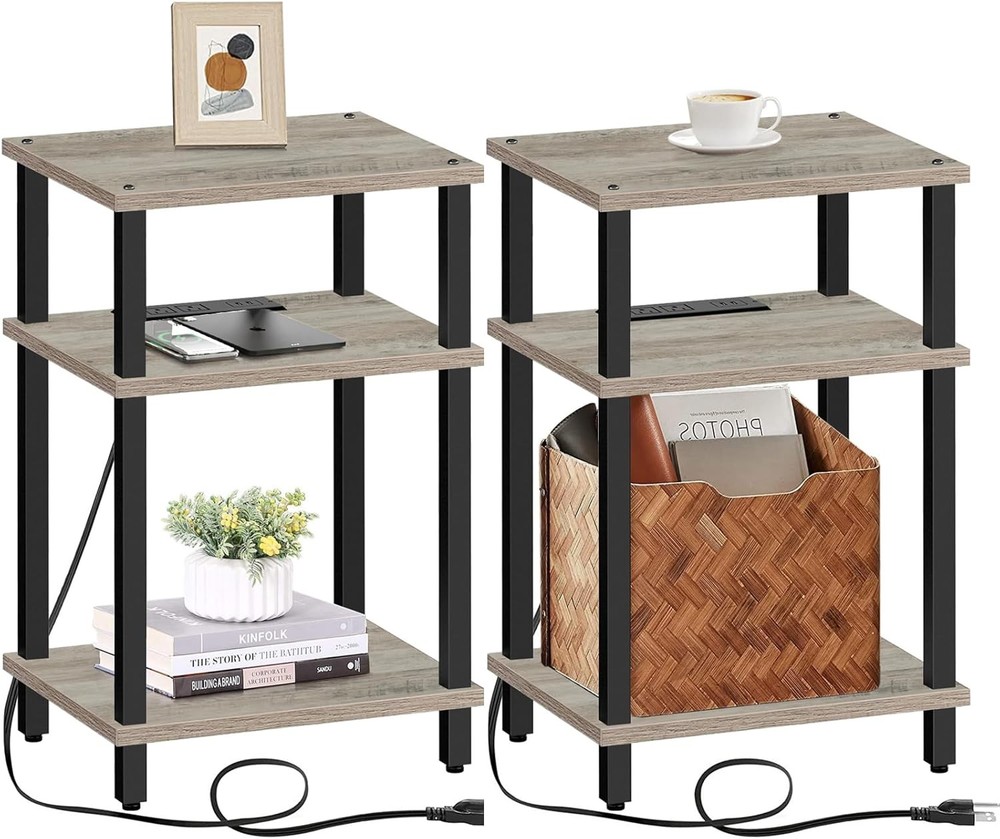 TUTOTAK 2-Piece Greige End Table Set with Built-In Charging Station