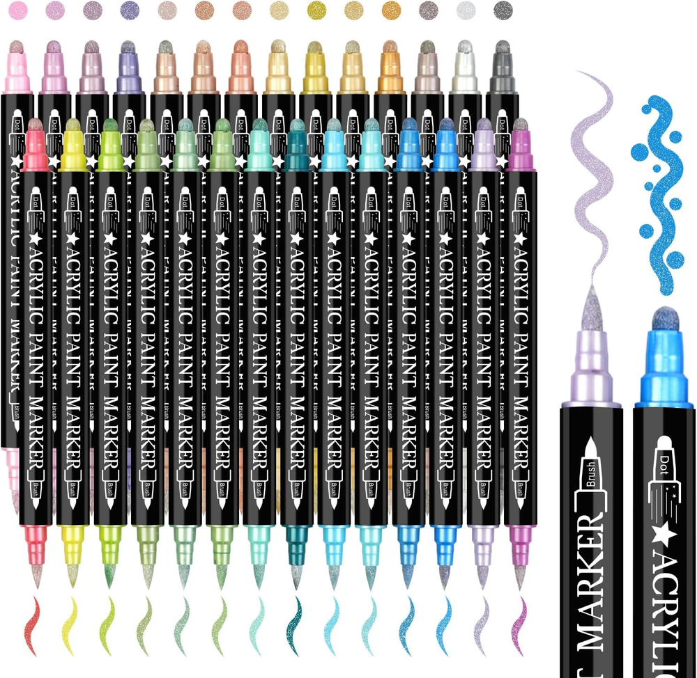 28 Metallic Colors Dual Tip Acrylic Paint Markers Brush and Dot Premium Pens DIY