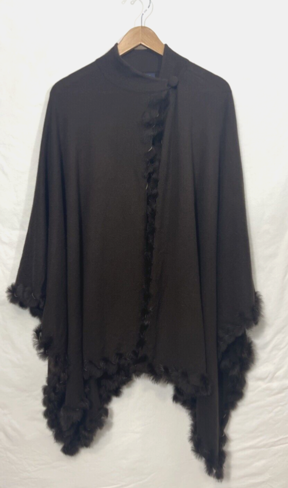 Jones of New York Chocolate Brown Cape with Rabbit Fur Trim - One Size