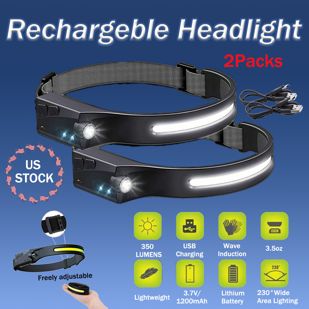 2 PACK COB+LED Headlamp Headlight Torch Flashlight Work Light Bar Head Band Lamp