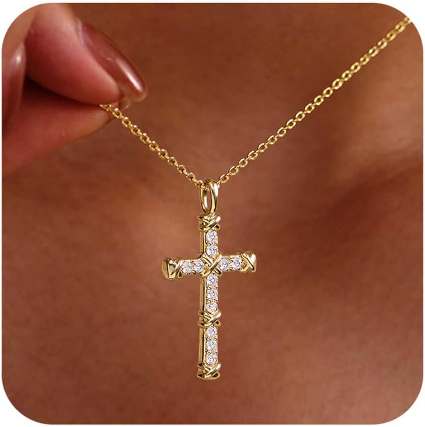 Cross Necklace for Women,Sterling Silver Cross Necklace 14K Gold Filled CZ Diamo