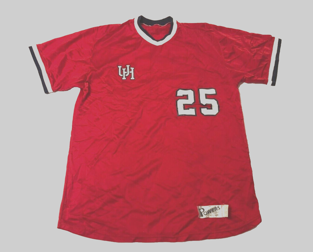 $250 Houston Cougars #25 NCAA Vintage 90s Sleeve Powers Basketball Red Jersey 44