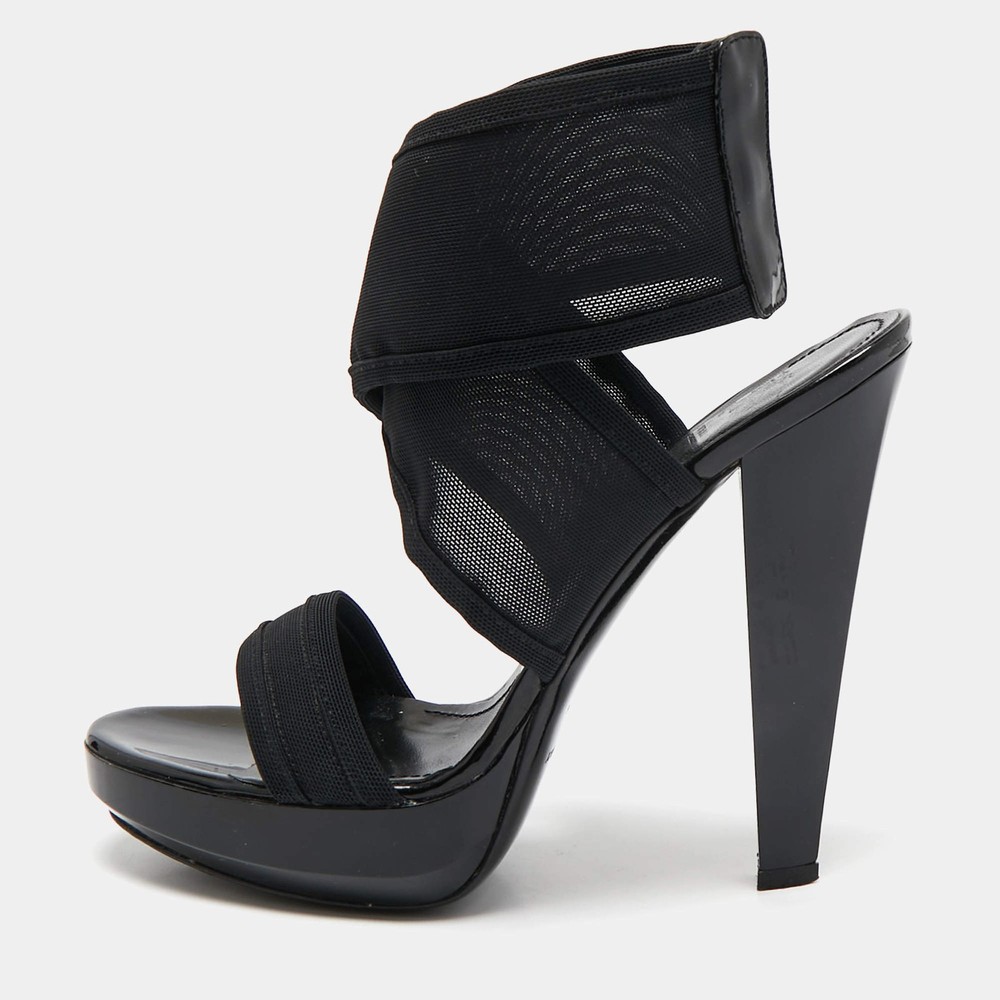 Fendi Black Mesh and Patent Ankle Strap Sandals Size 38