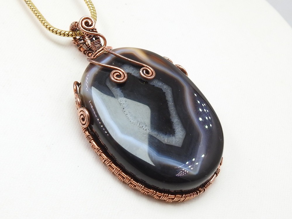 Black Strip Agate Copper Pendant Wire Wrapped deigning Jewelry For Gift