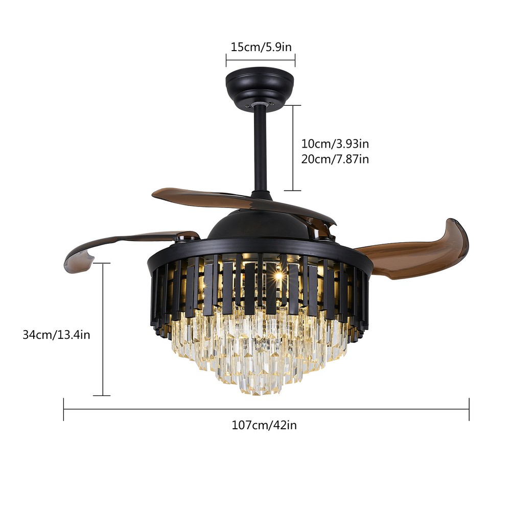 42-Inch Retractable LED Ceiling Fan Chandelier with Crystal Accents and Remote Control  