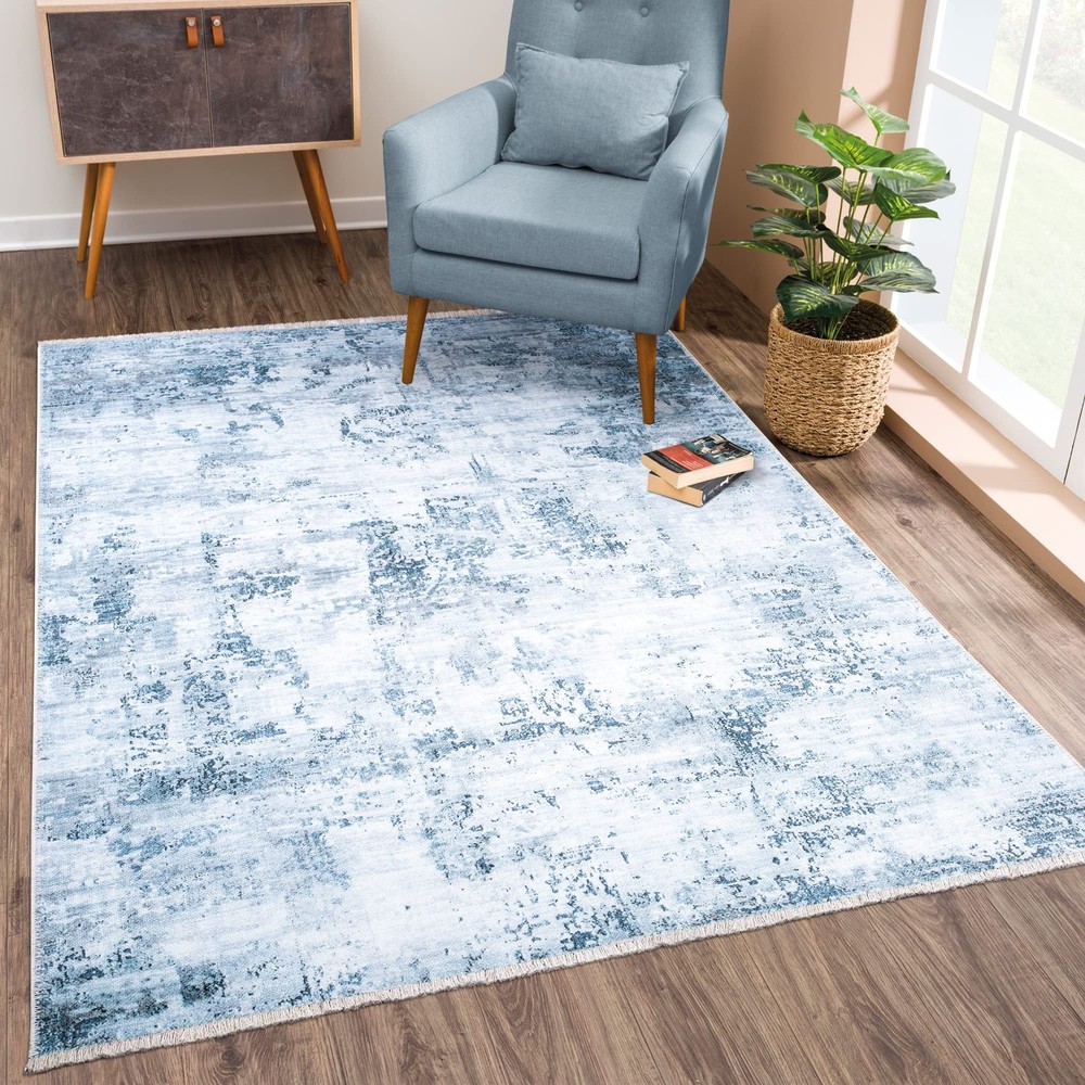Caria Washable Non-Slip 5x7 Rug - Blue/Gray Modern Abstract Area Rug for Livi...