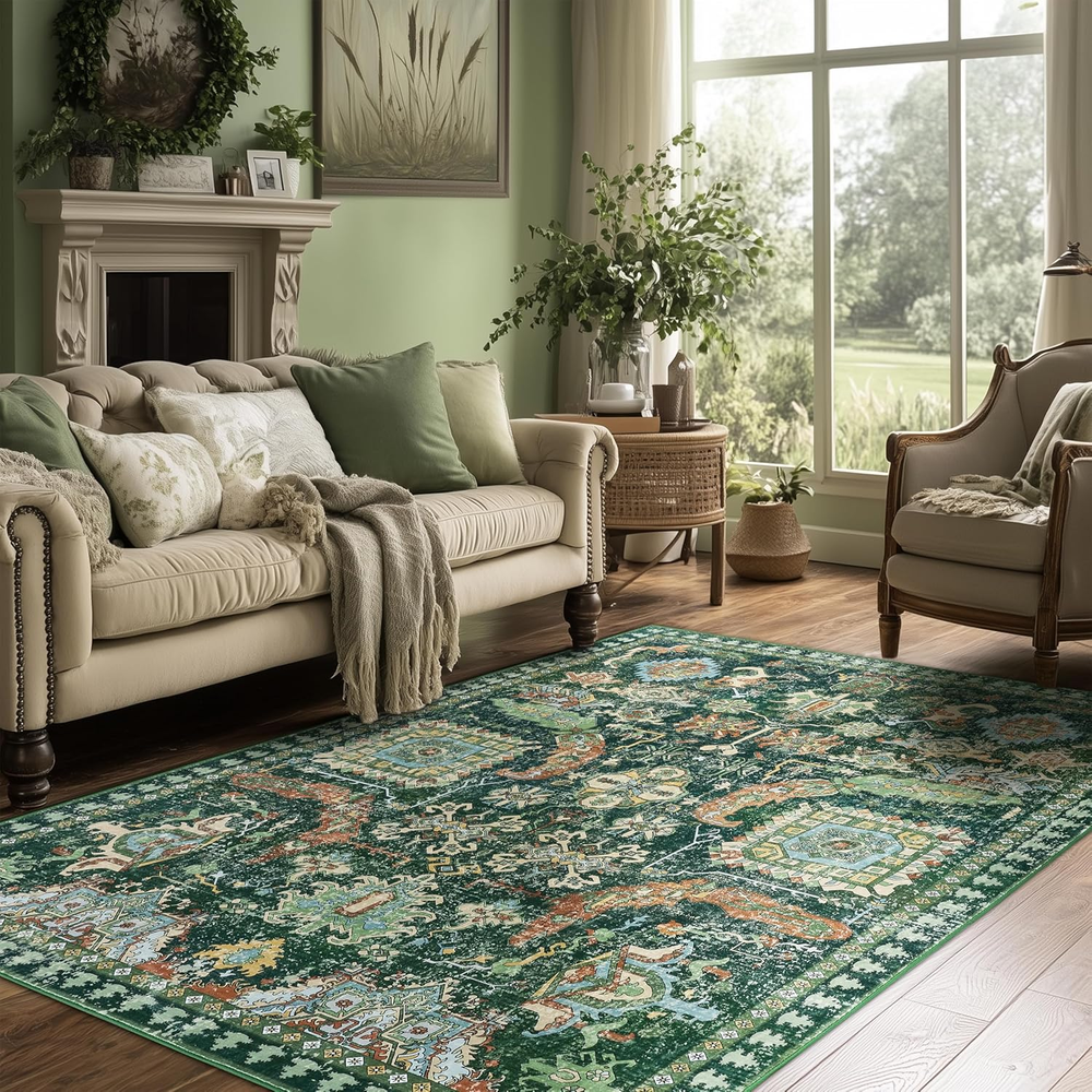 5X7 Ft Green Washable Non-Slip Boho Rug for Indoor Outdoor Bedroom Living Room