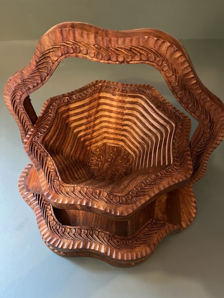 Vintage Collapsible Wooden Basket/Rosewood Trivet Centerpiece