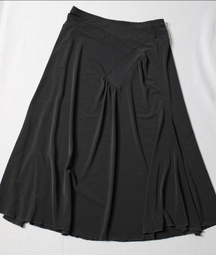 BCBGMAXAZRIA Black Jersey Knit Midi Skirt M Ruched Asymmetrical Waist A-Line