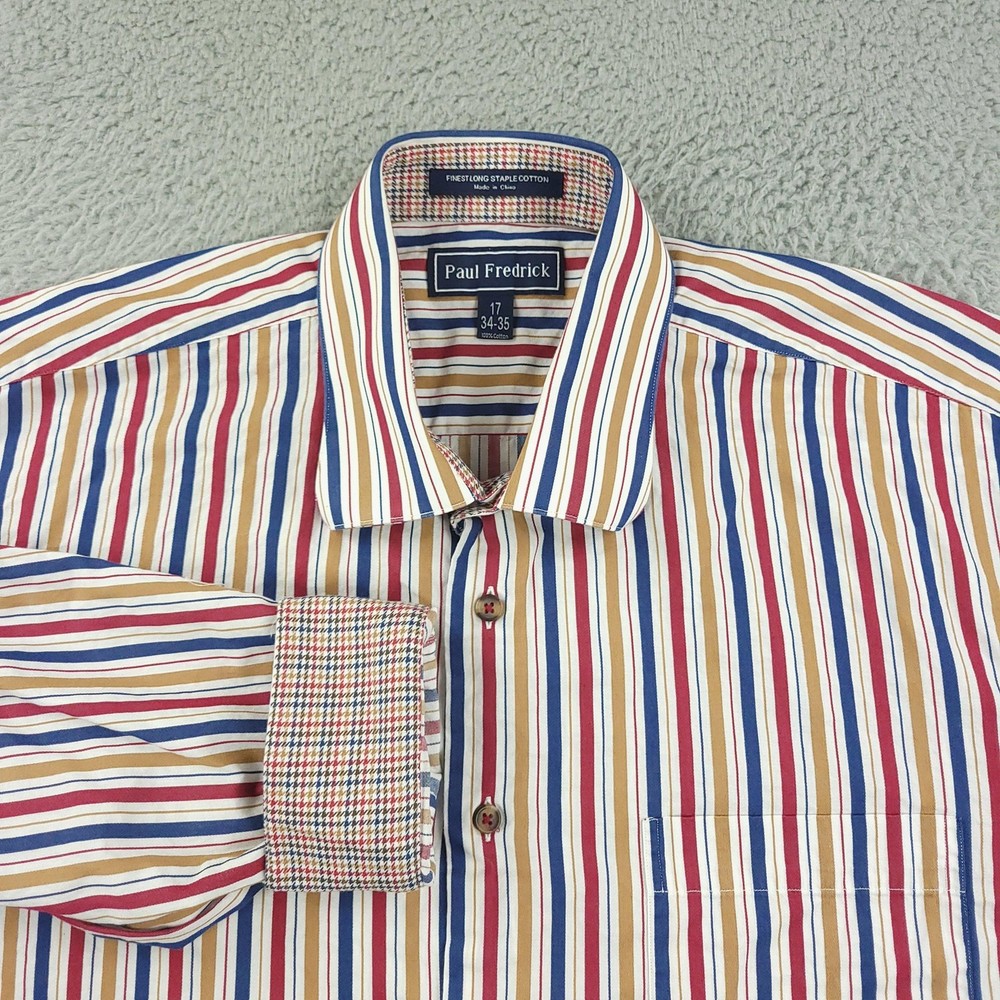Paul Fredrick Dress Shirt Mens 17 34-35 Multicolor Stripe Cotton Long Sleeve