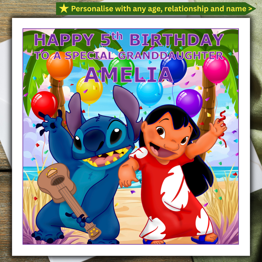 LILO & STITCH personalised BIRTHDAY CARD customise age relation name
