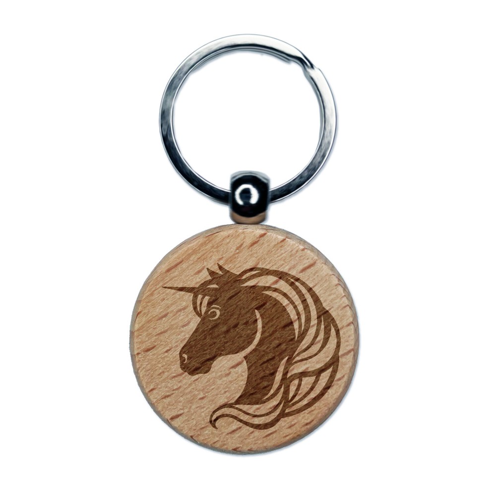 Unicorn Head Flowing Mane Engraved Wood Round Keychain Tag Charm