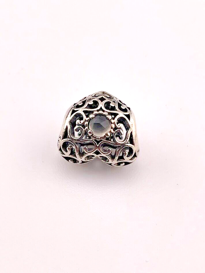 PANDORA 925 Sterling Silver April Birthstone Filigree Heart Charm Bead 1249