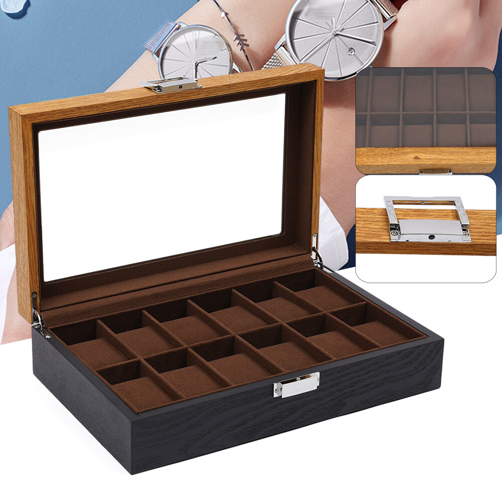 Wooden Watch Box with 12 Slots for Jewelry and Timepiece Storage Display