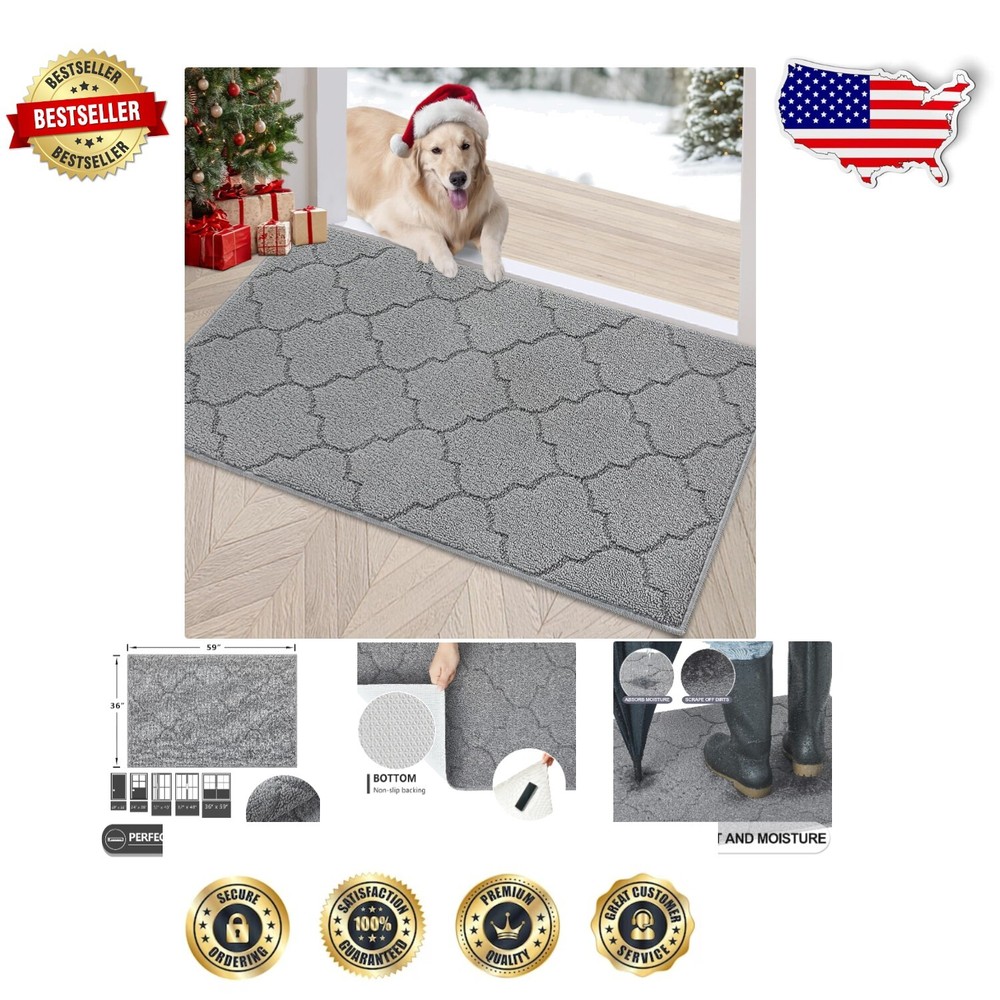 36x59 Non-Slip Absorbent Stain Resistant Elegant Grey Doormat