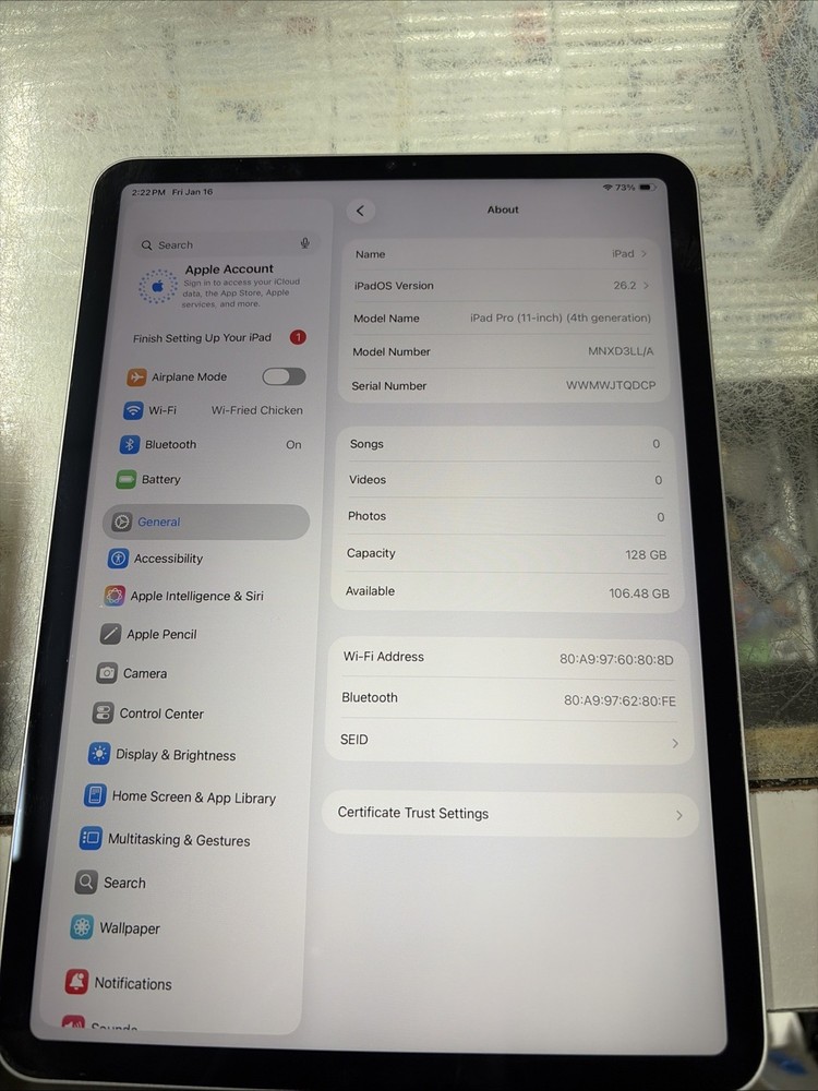 APPLE IPAD PRO mnxd3ll/a 4th generation 128gb storage (M2) Cellular Tested