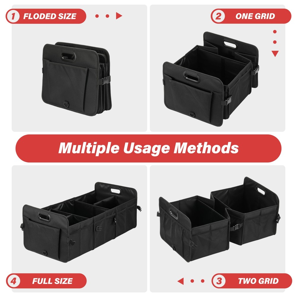 Large Collapsible Car Trunk Organizer with Multi Compartments Black Storage