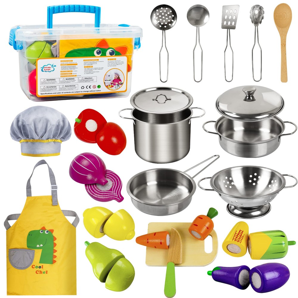 Play Kitchen Accessories, Wooden Play Food, Cooking Set with Stainless Steel ...