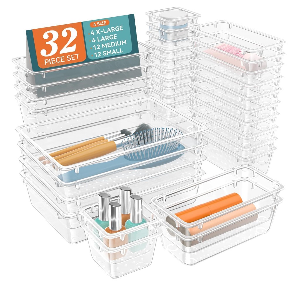 32-Piece Clear Plastic Drawer Organizer Set in 4 Sizes for Desk Storage