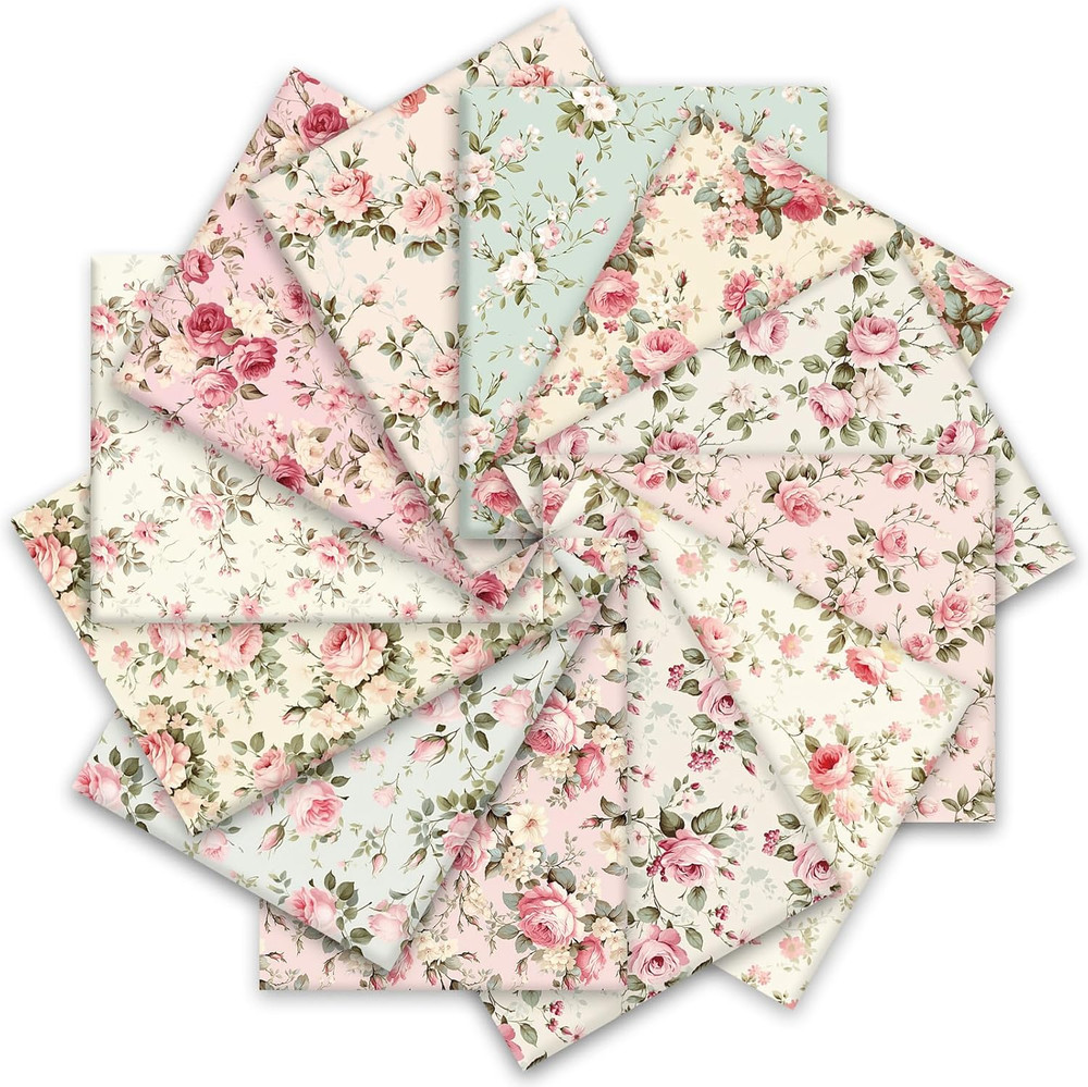 12Pcs Spring Cotton Fabric Bundles Pink Vintage Rose Fat Quarters Pastel Floral