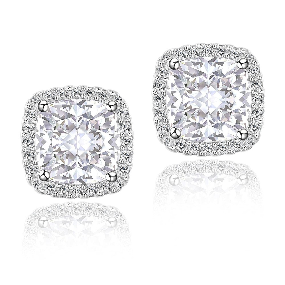 Cubic Zirconia CZ Stud Earrings YOMELA 10MM Square White Gold