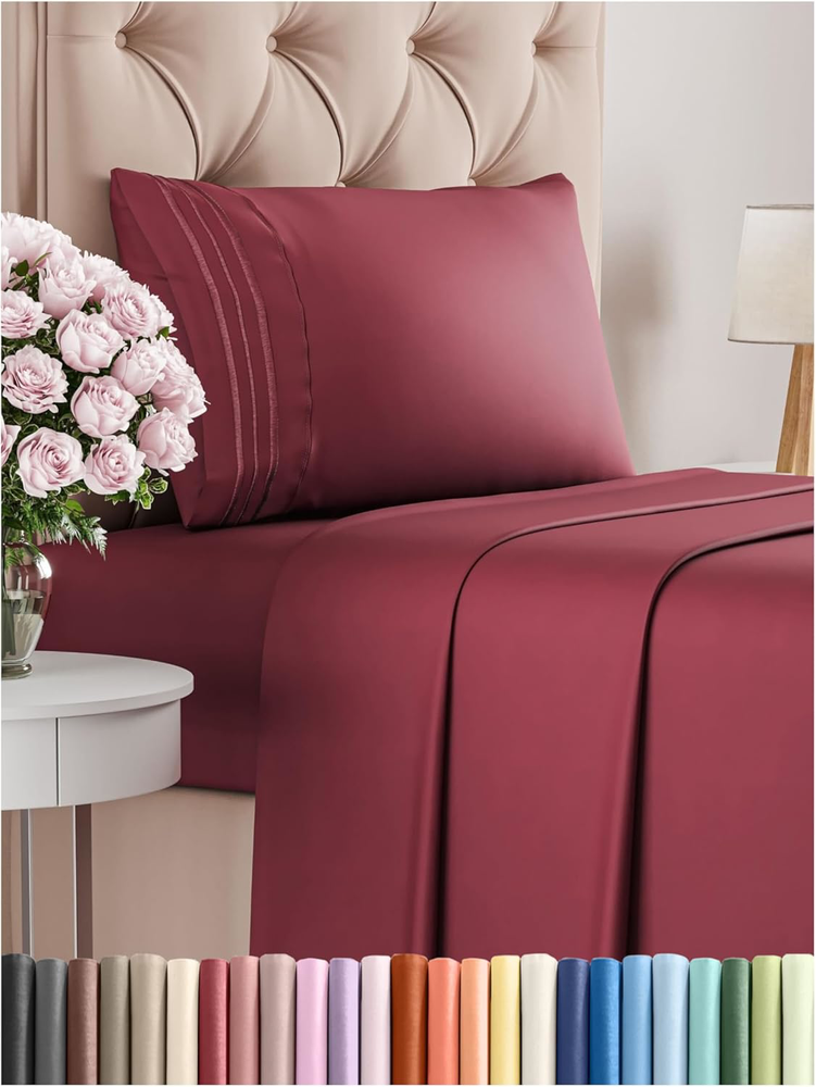 Twin XL 3pc Cooling Burgundy Sheet Set with Deep Pockets Soft Breathable