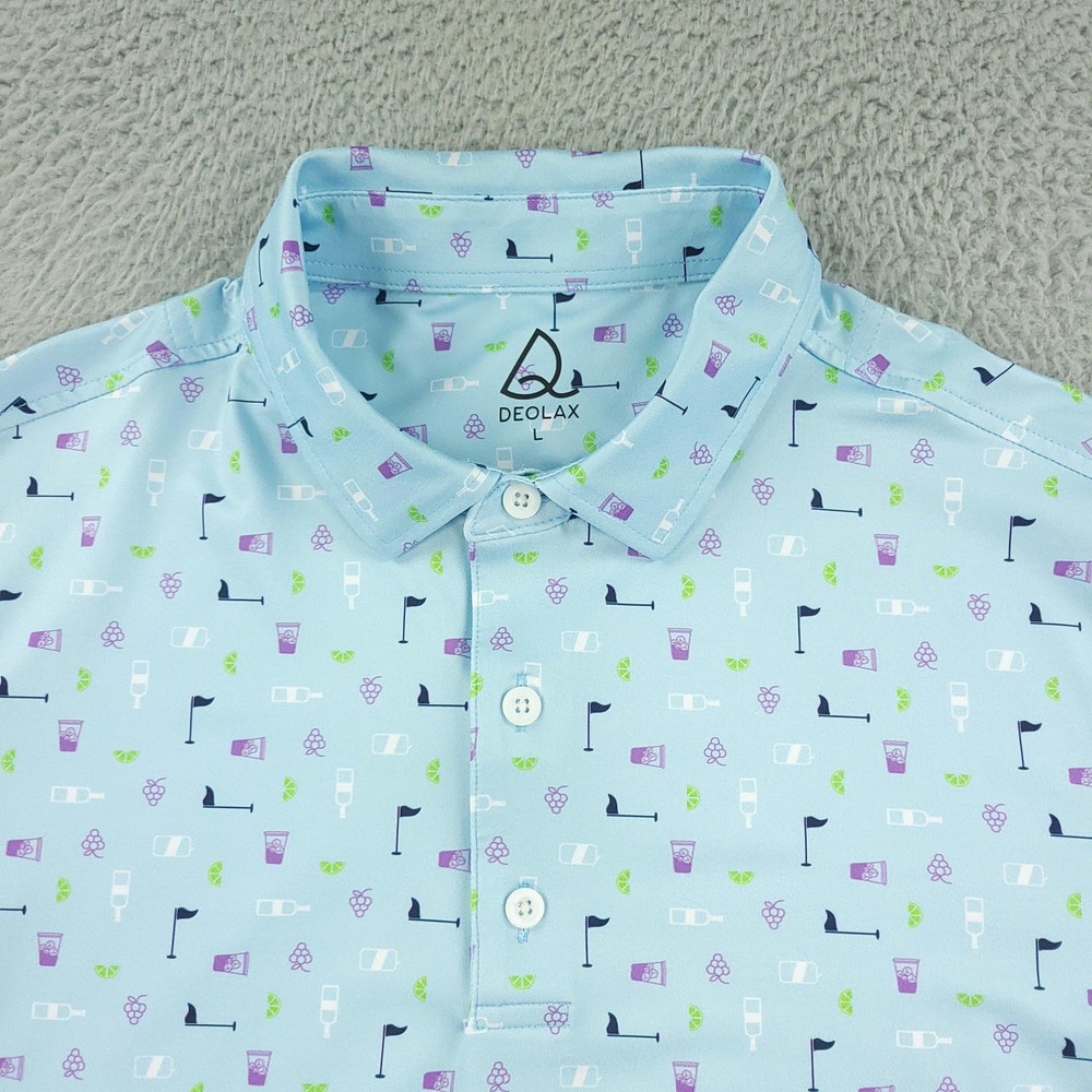 Deolax Polo Shirt Mens Large Light Blue Golf Cocktail Print Performance Stretch