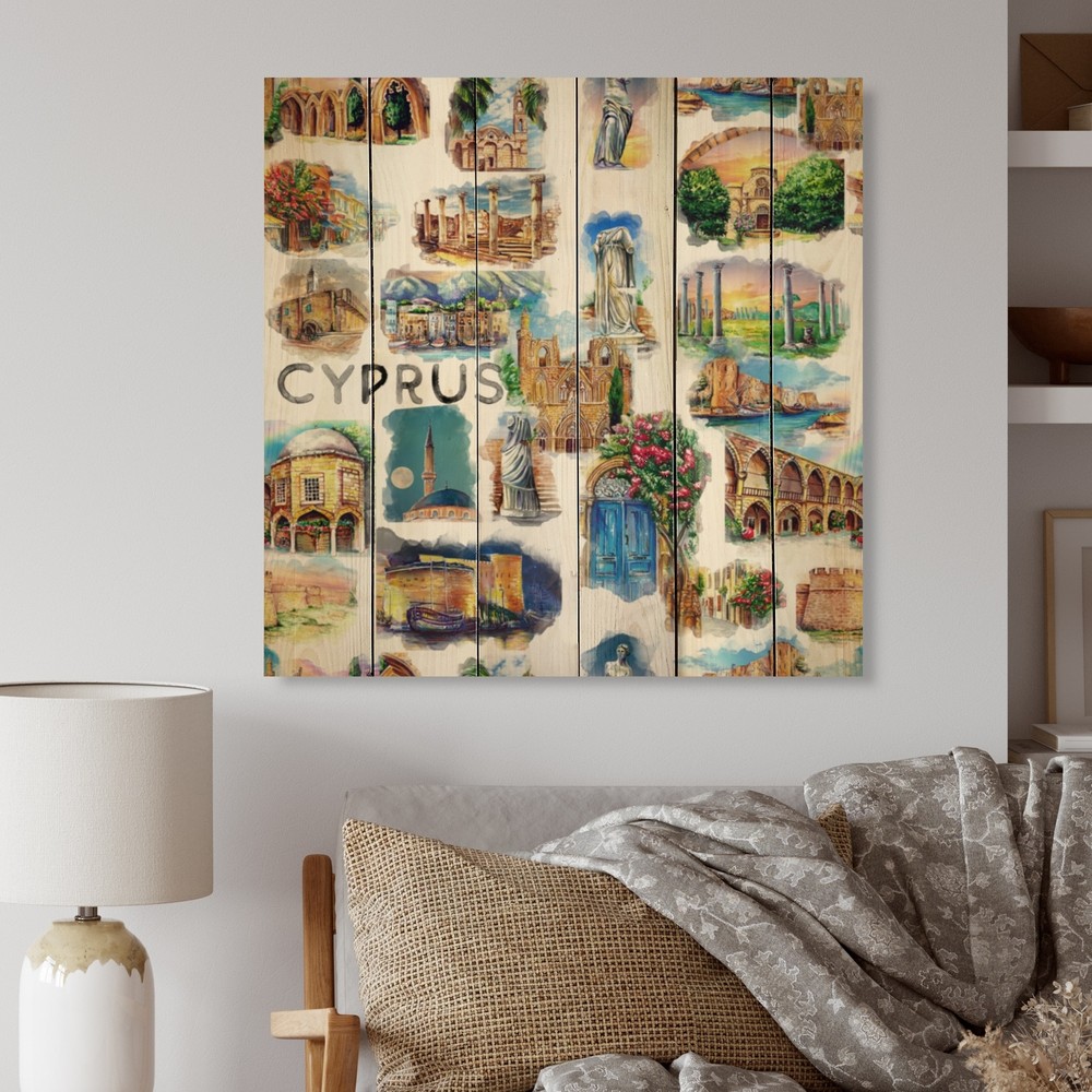 Designart 'Cyprus Momument Watercolor Collage' Vintage Wood Wall Art Panels -