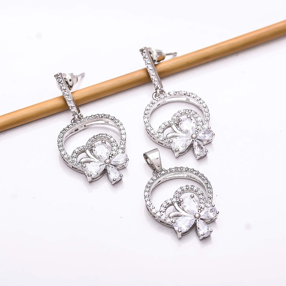 White Topaz & Cubic Zirconia 925 Silver Handmade Pendant Earring Set P8228