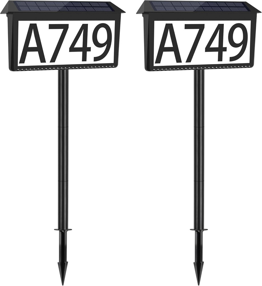 Solar LED House Number 2 Pack - Waterproof Address Sign with Stakes