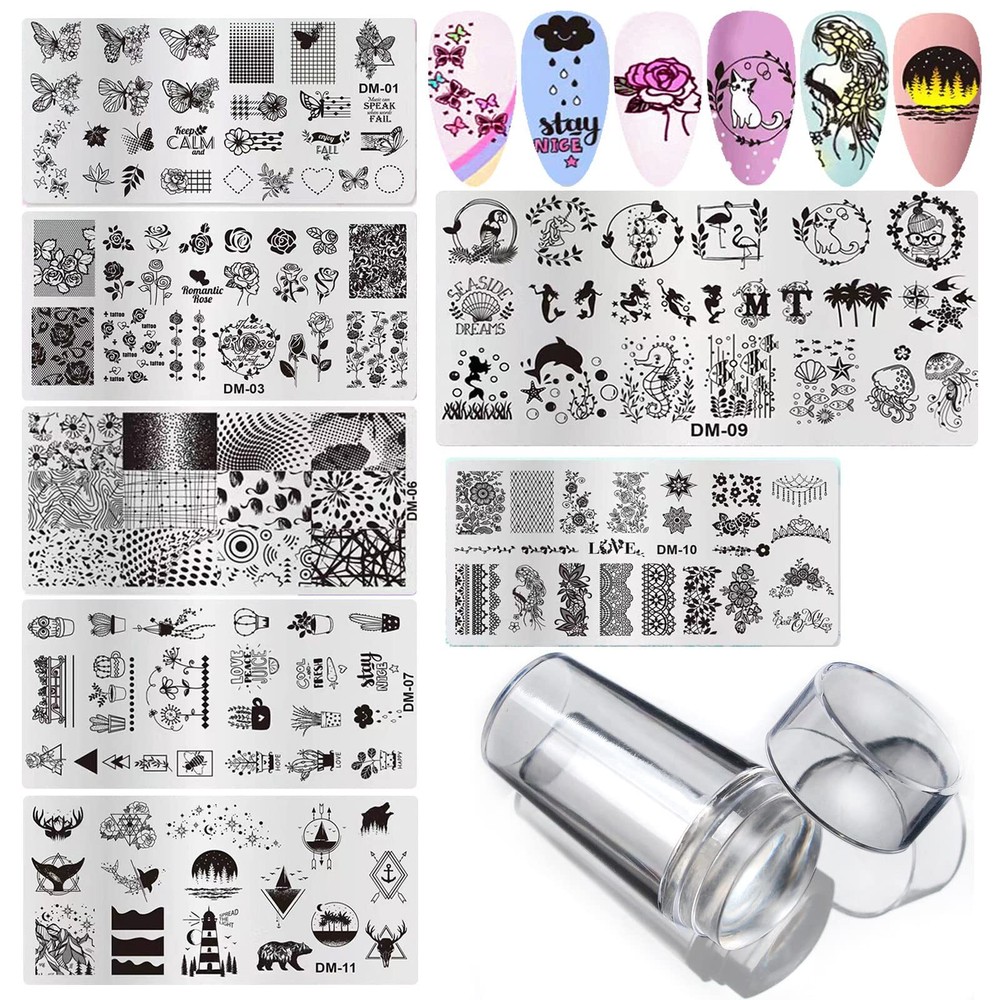 Nail Stamping Plate Kit Flower Butterfly Lace Animal Fingernails Template Ste...