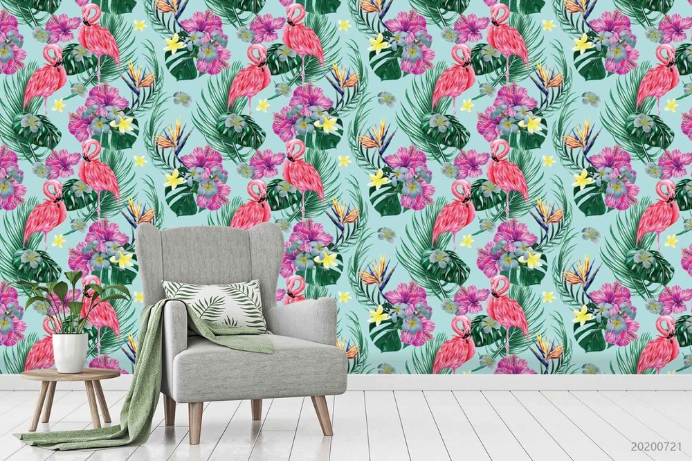 3D Flamingo Flower Leaf Pattern Wall Murals Wallpaper Murals Wall Sticker 3