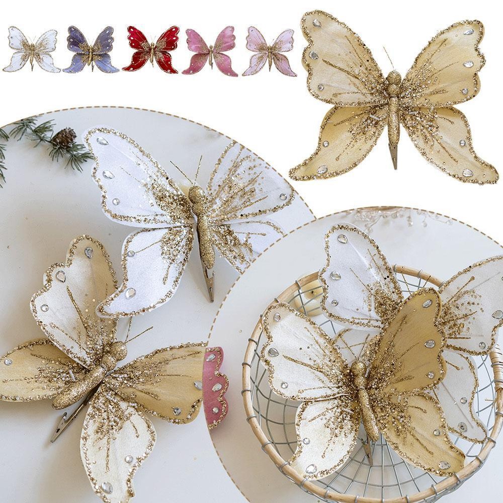 2PCS Glitter Xmas Butterfly Ornaments Christmas Tree Butterfly Hanging Decor I2