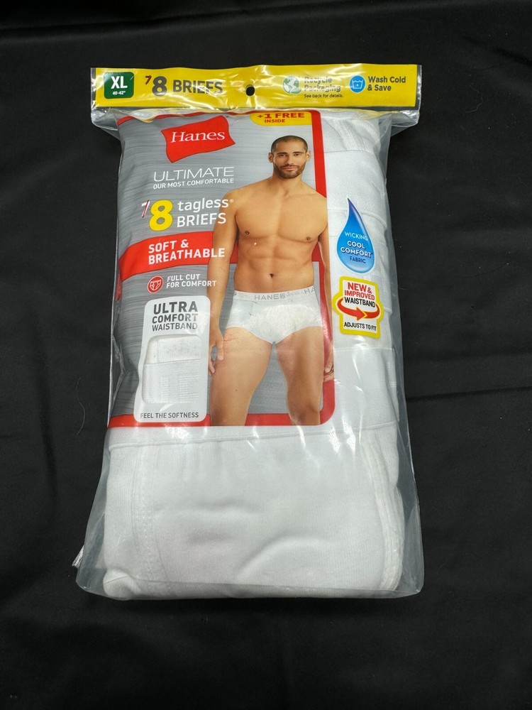 Hanes Men's Ultimate Tagless Briefs White  Comfort Flex Waistband 8 pk XL 40-42
