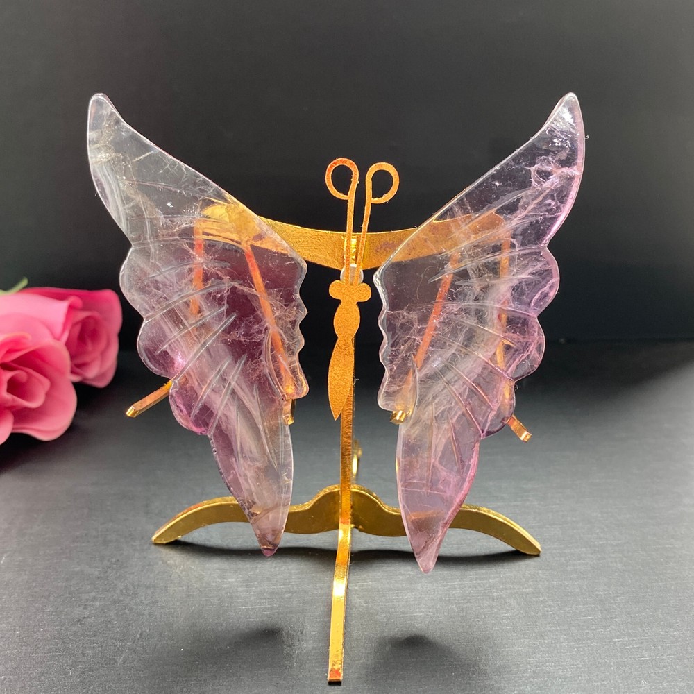 Natural Crystal Rainbow Fluorite Butterfly Wings Healing Statue Decor + Stand